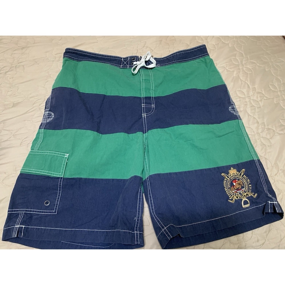 Vintage Polo Ralph Lauren Swim Trunks Mens XL Blue Green Combo‎ Stripe Big Logo